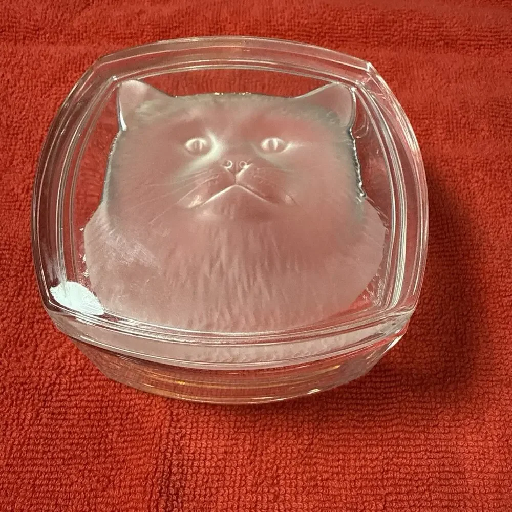 Cat Lead Crystal Trinket Box Frosted Glass Keepsake
